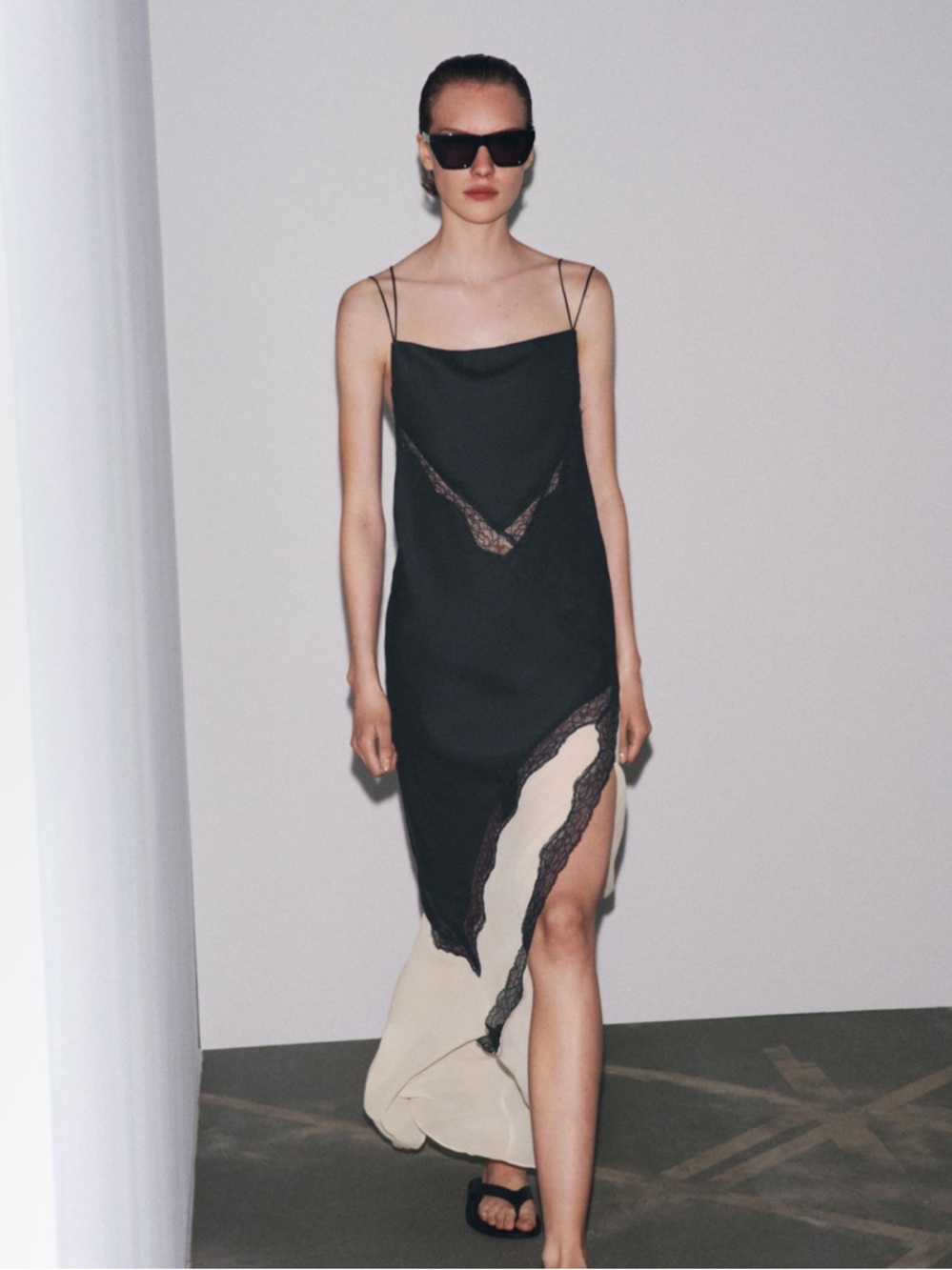 Zara Black and Cream Satin Slip Dress with Lace Trim - Picture 2 of 8